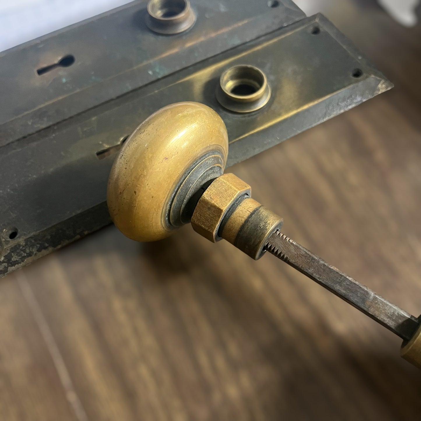 Antique Heavy Cast Brass Doorknob Set with “RHC” Stamped Mortise Lock and Escutcheons, and Functional Skeleton Key