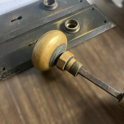 Antique Heavy Cast Brass Doorknob Set with “RHC” Stamped Mortise Lock and Escutcheons, and Functional Skeleton Key