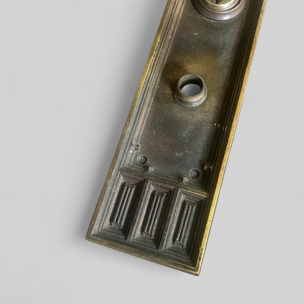 Antique Arts & Crafts Style Cast Bronze Exterior Door Plate Escutcheon with Reading Deadbolt