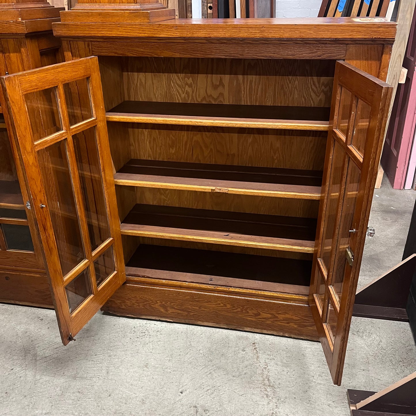 Antique Oak Colonnades with Beveled Glass Cabinets