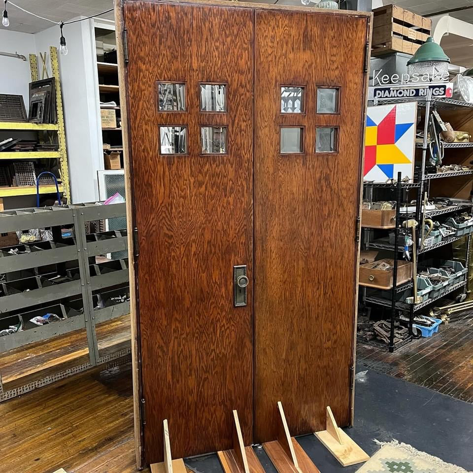 Antique French Doors with Original Thick Beveled Glass and Brass Hardware - Includes Oak Frame