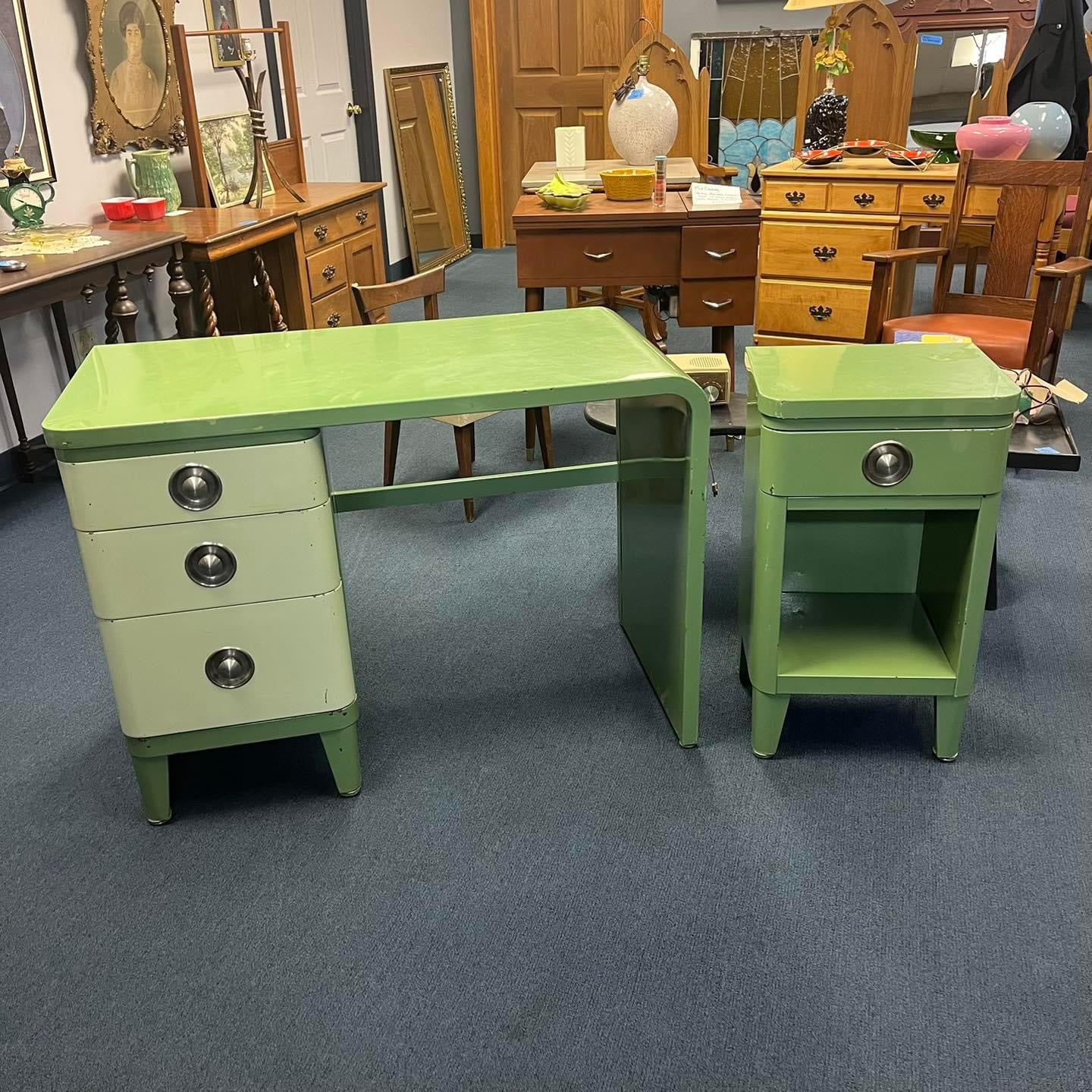 Original Unrestored Simmons c. 1930 American Art Deco Green Enameled Steel Desk and Night Stand