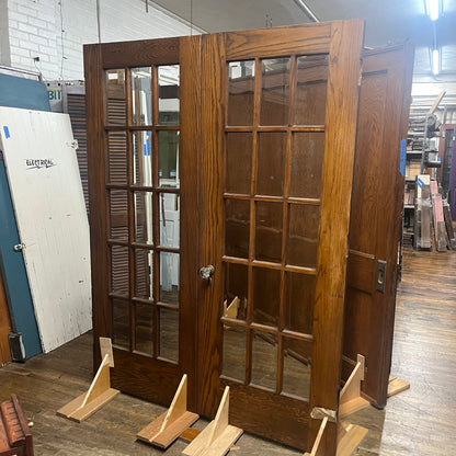 Antique Oak French Doors with 15 Beveled Glass Panes