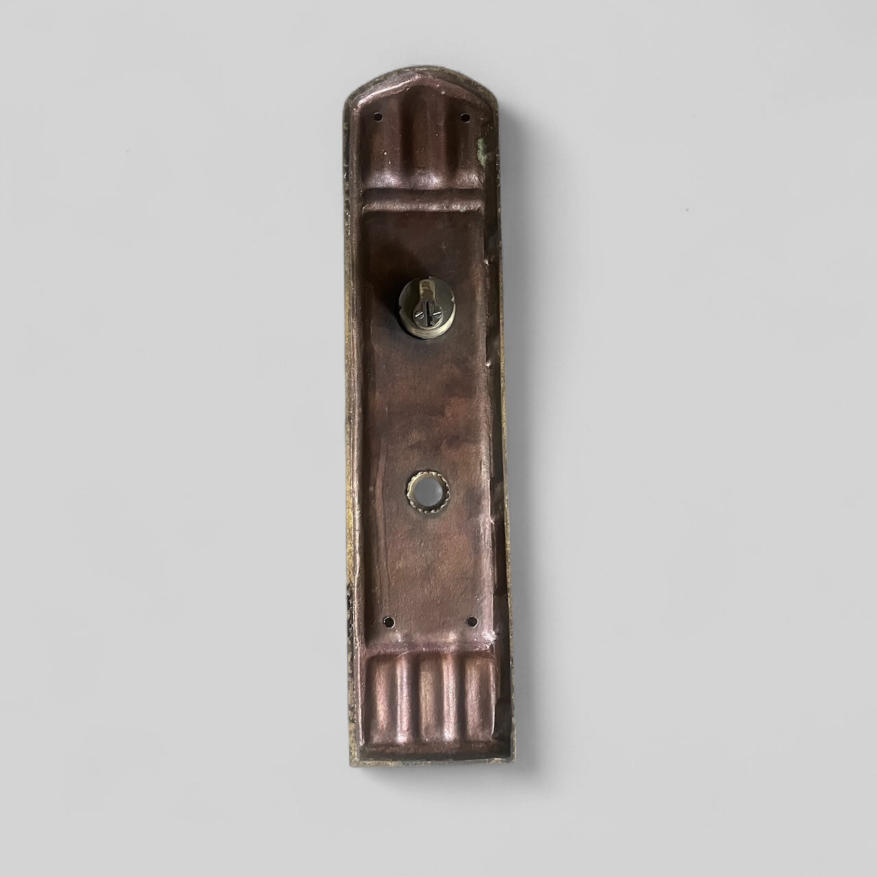 Antique Arts & Crafts Style Cast Bronze Exterior Door Plate Escutcheon with Reading Deadbolt