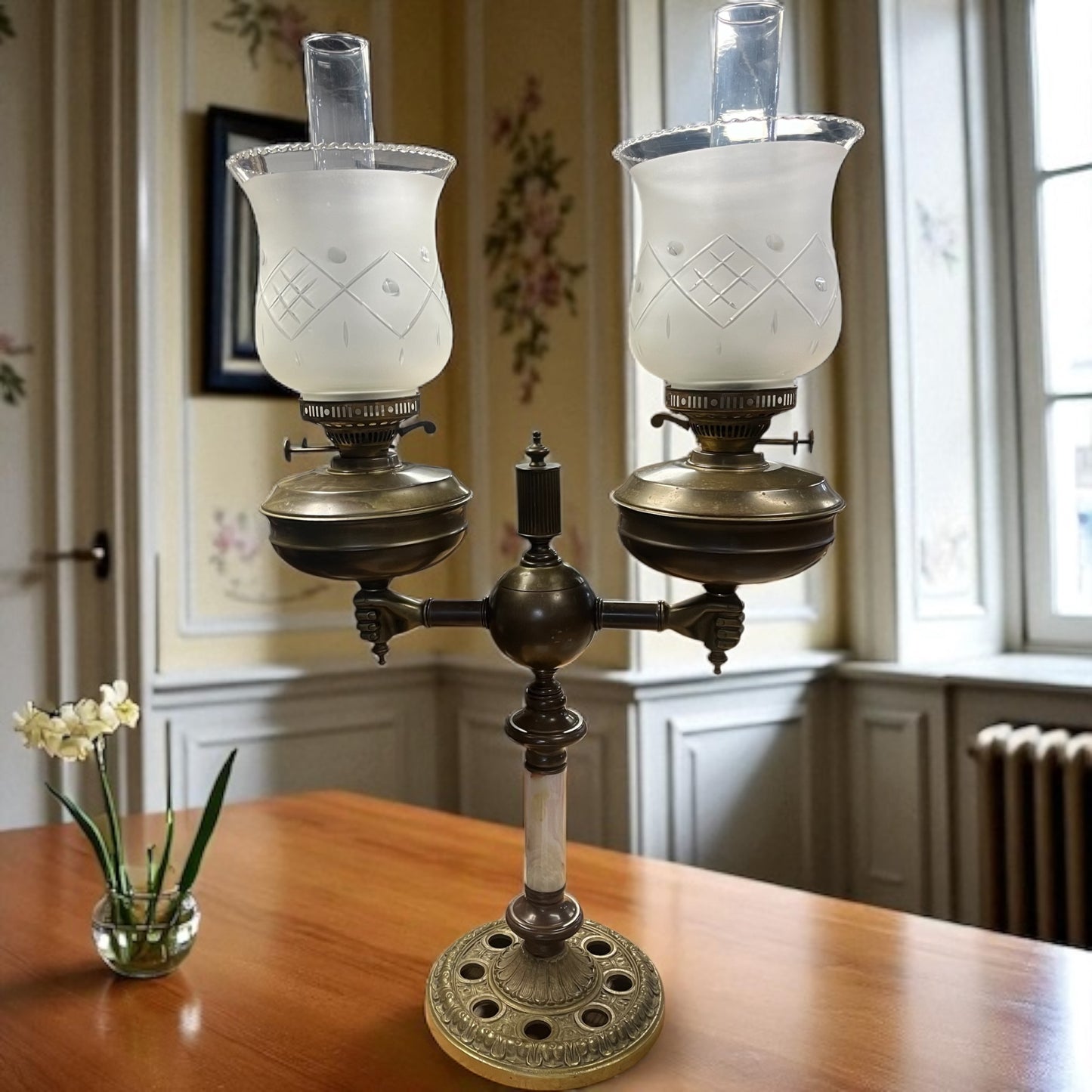 Antique (1890s) Victorian Double Banquet Oil-Burning Brass and Marble lamp