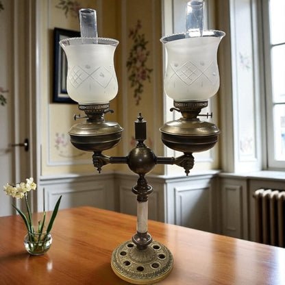Antique (1890s) Victorian Double Banquet Oil-Burning Brass and Marble lamp