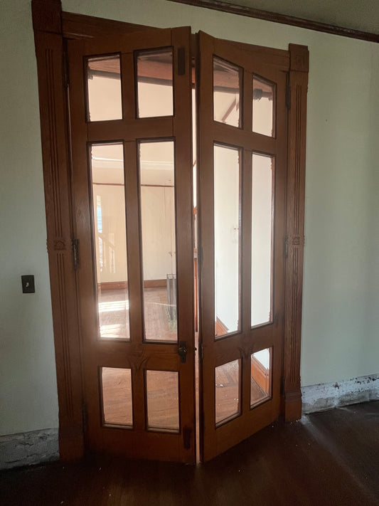 Antique (c. 1858) Victorian Oak French Doors with Thick Beveled Glass