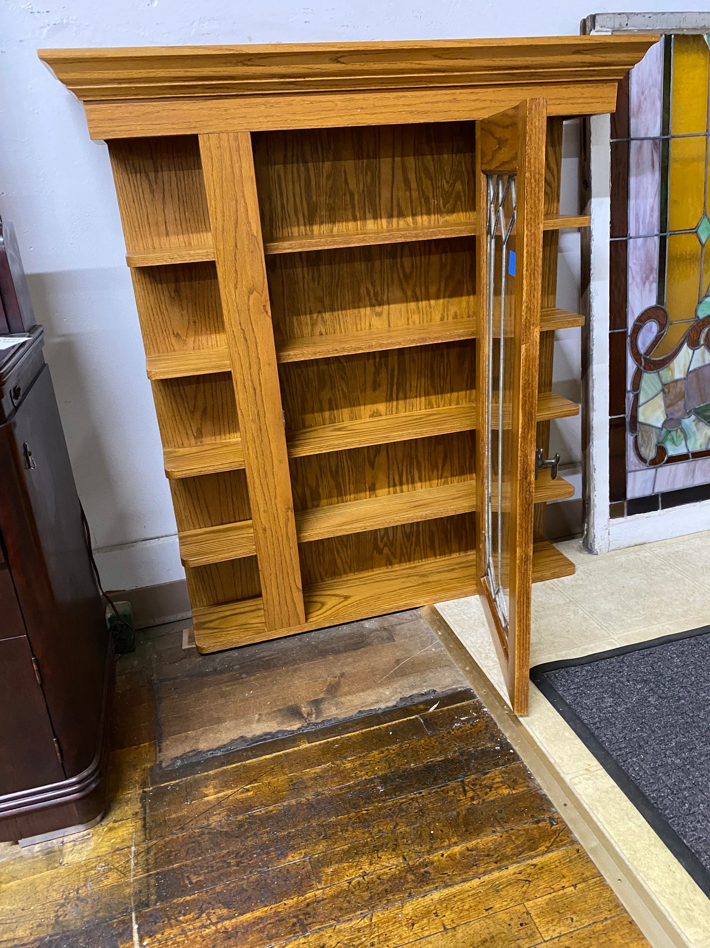 Vintage Oak Wall Mount Shelves w/ Antique Glass