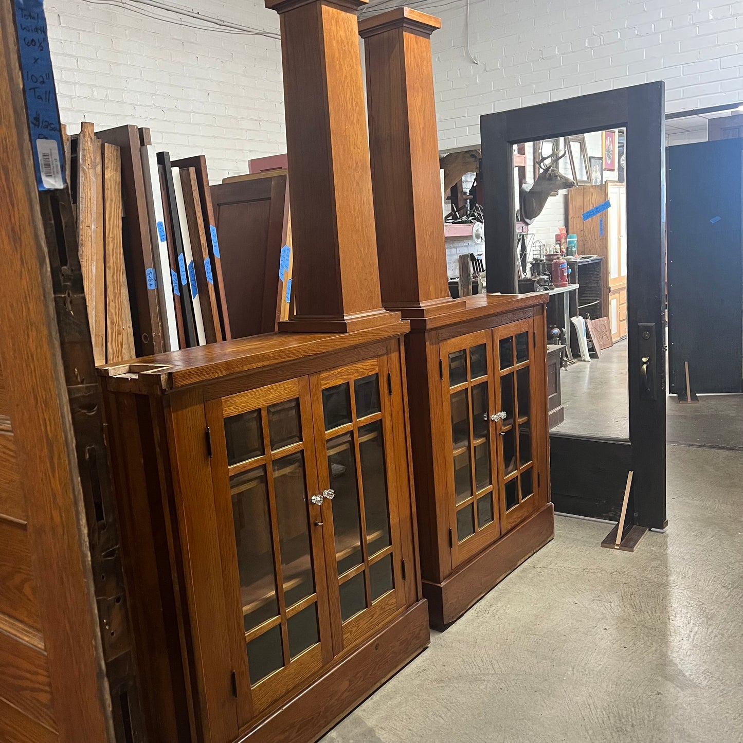 Antique Oak Colonnades with Beveled Glass Cabinets