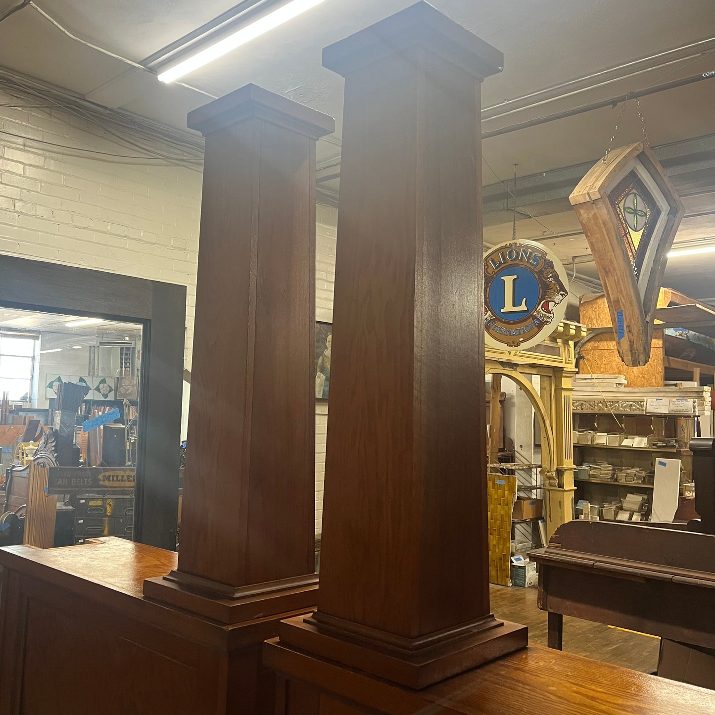 Antique Oak Colonnades with Beveled Glass Cabinets