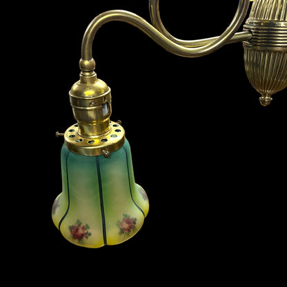 Antique Victorian Brass Light With Reversed Painted Glass Globes