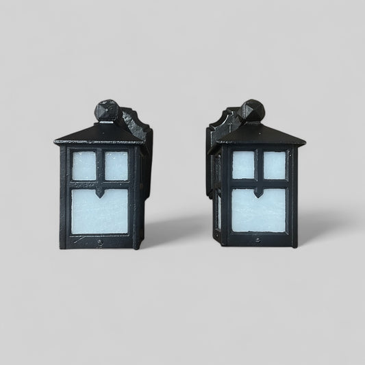 Pair of Antique (early 1900s) Cast Iron Arts & Crafts Lantern Sconce Lights - Restored and Rewired