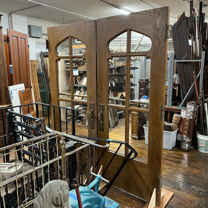 Pair of Antique Oak Church Doors With Original Brass Push Bars, Pulls and Hinges