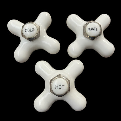 Antique White Porcelain HOT, COLD, WASTE Faucet Knobs