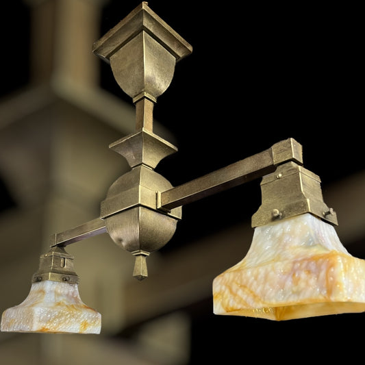 Antique Arts & Crafts Brass Hanging Light With Bournique Kokomo Caramel White Slag Glass Globes