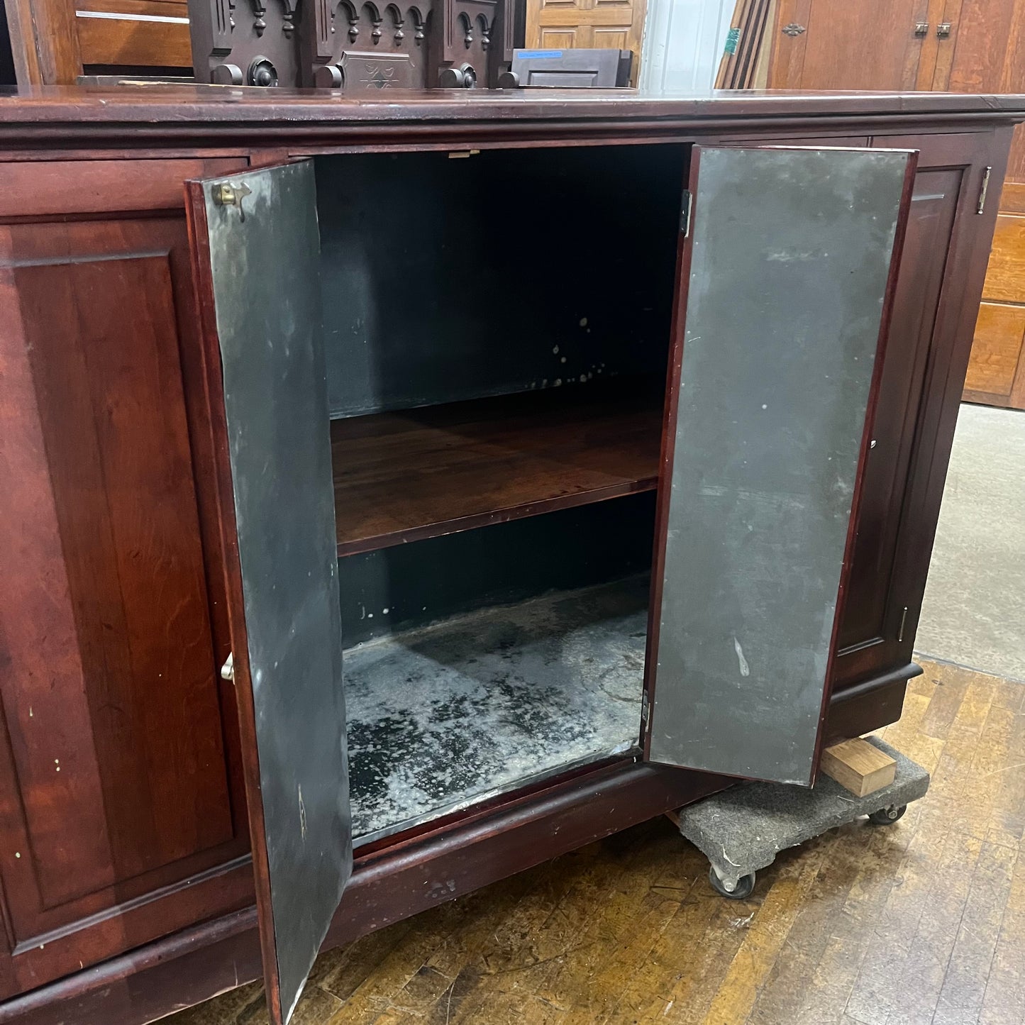 Huge Antique Solid Cherry Drug Store/Mercantile Cabinet with Tin Lining
