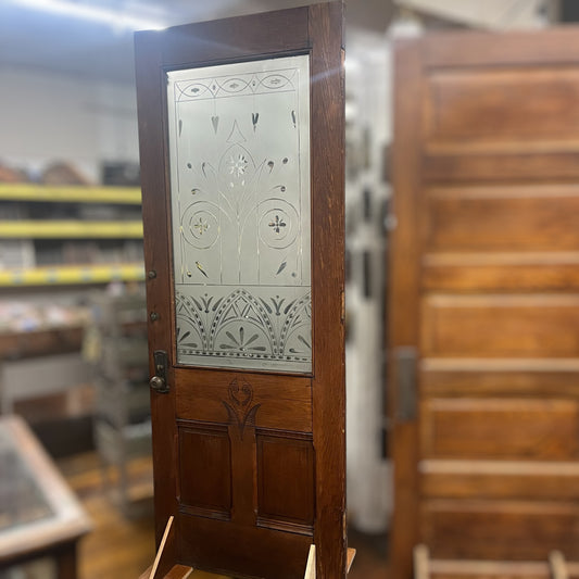 Antique (c. 1858) Victorian Oak Entry Door With Frosted Etched Glass