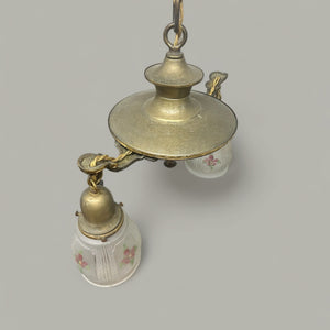 Antique Early 1900s Brass Double Pendant With Hand-Painted Frosted Glass Shades - Rewired