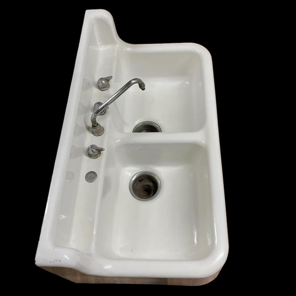 Vintage Kohler Porcelain Enameled Cast Iron Farm Sink with Double Basin and Tall Back