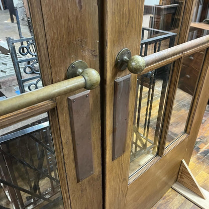 Pair of Antique Oak Church Doors With Original Brass Push Bars, Pulls and Hinges