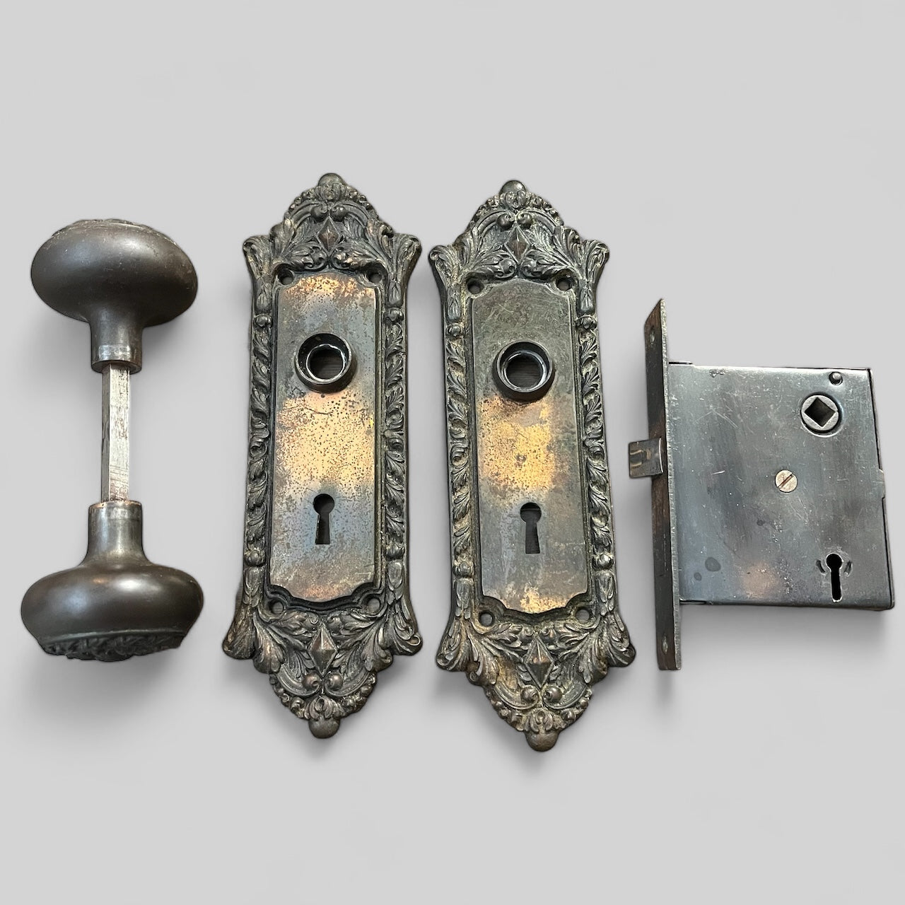 Antique c. 1905 Cast Iron Chatham Russell Erwin Russwin Romanesque Style Door Hardware Set