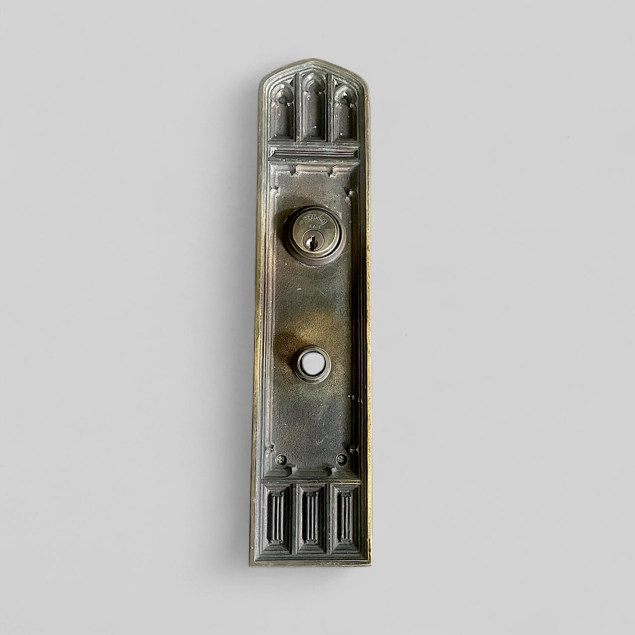 Antique Arts & Crafts Style Cast Bronze Exterior Door Plate Escutcheon with Reading Deadbolt