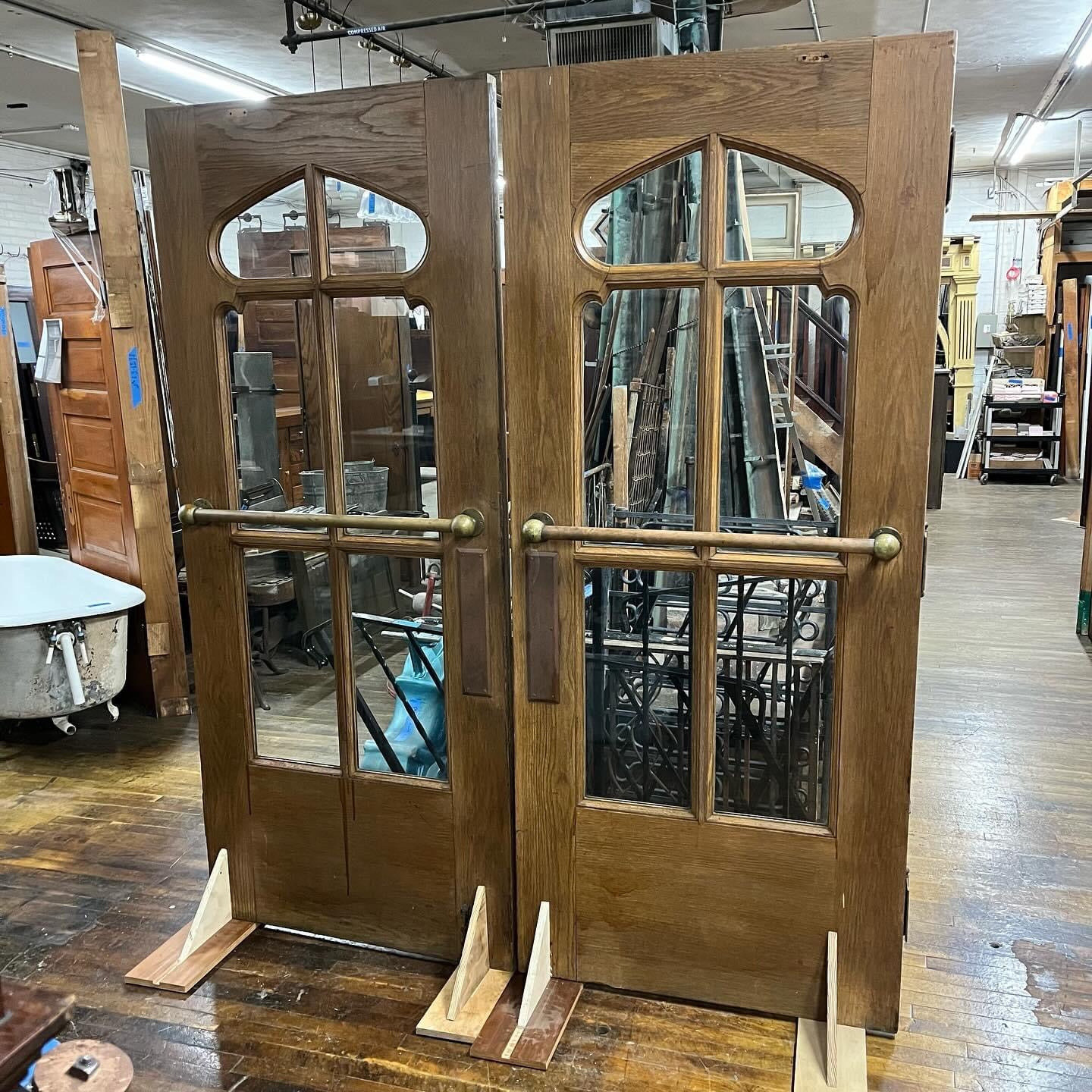 Pair of Antique Oak Church Doors With Original Brass Push Bars, Pulls and Hinges