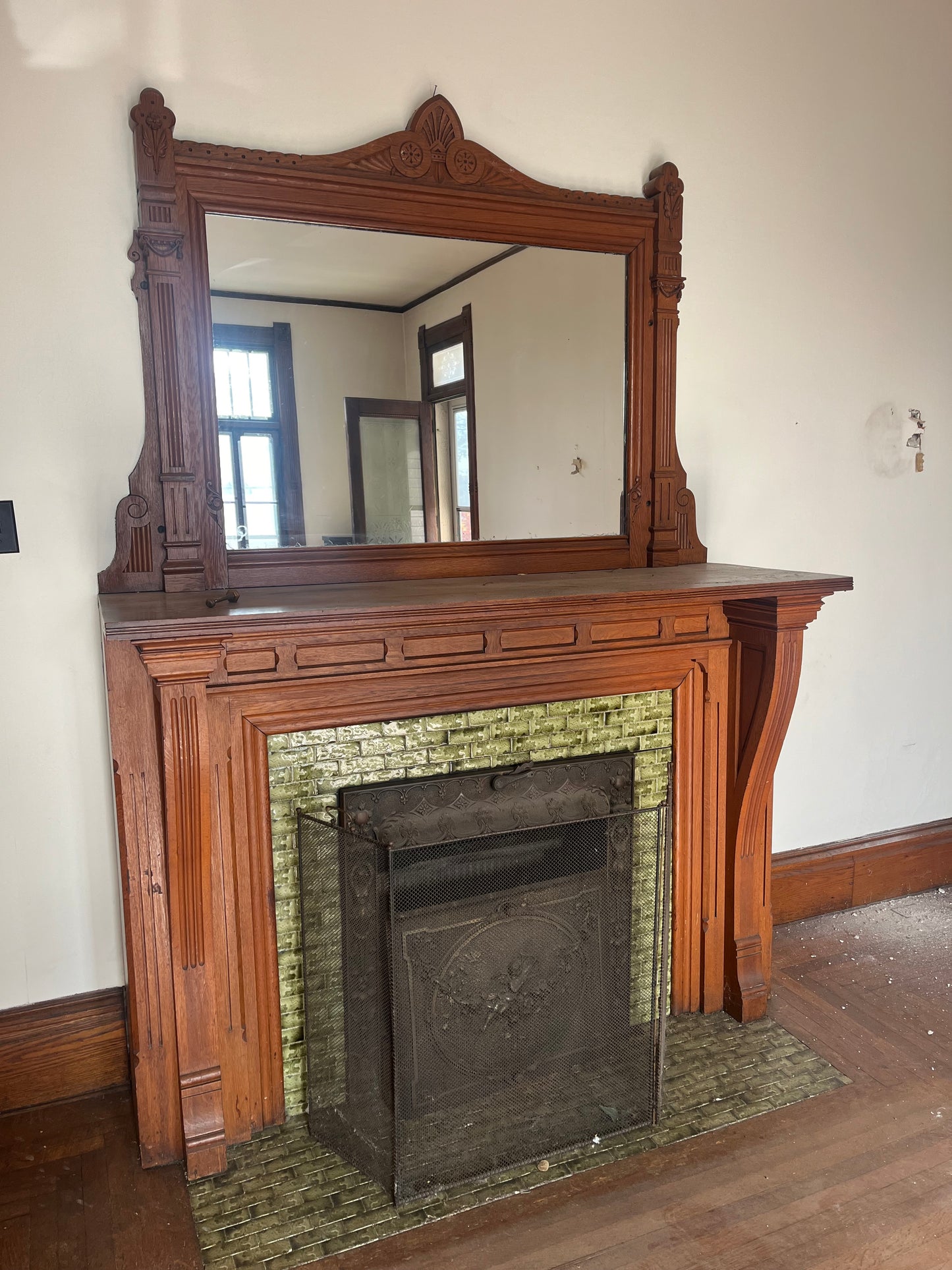 Large Antique Victorian Carved Oak Fireplace Mantel With Mirror