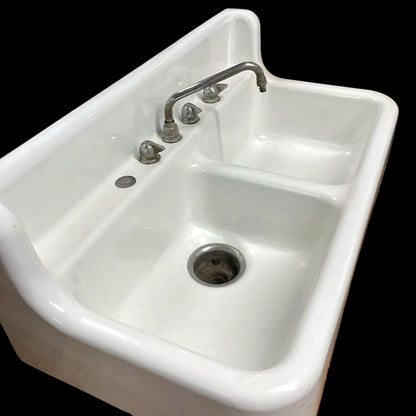 Vintage Kohler Porcelain Enameled Cast Iron Farm Sink with Double Basin and Tall Back