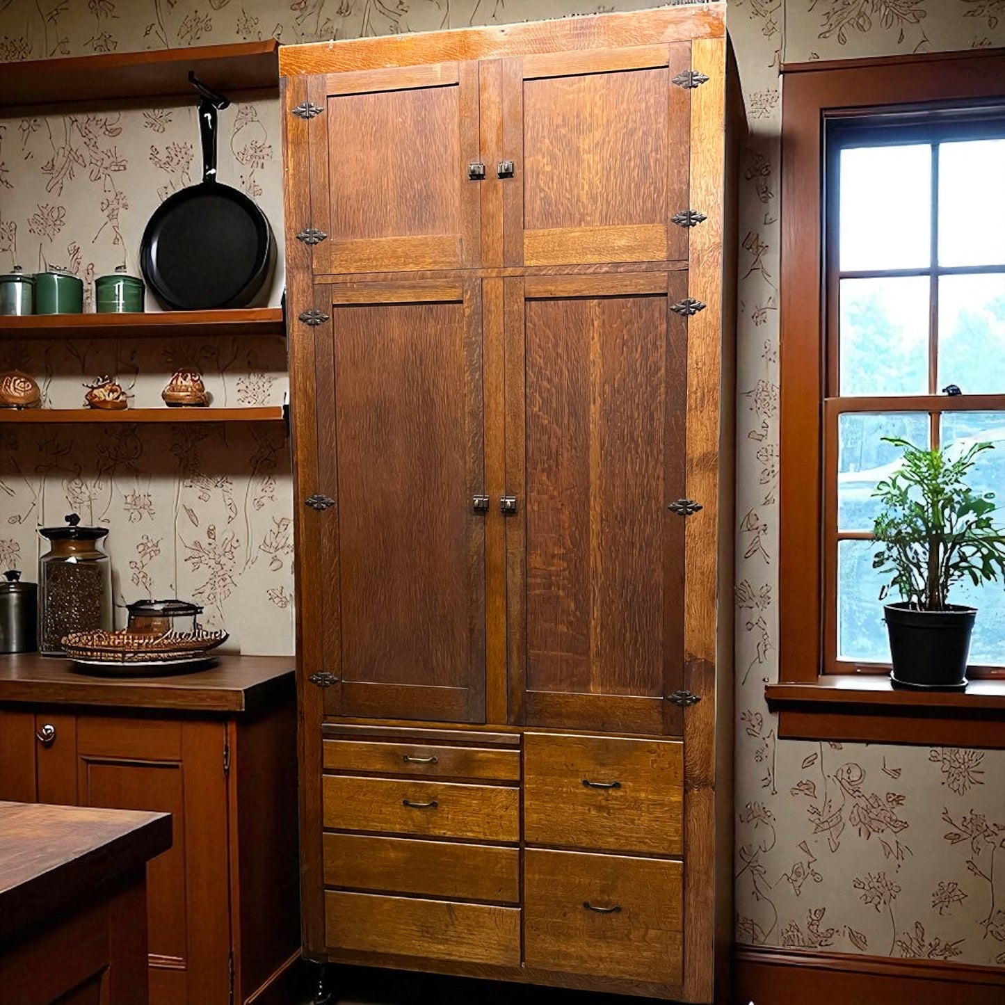 Tall Antique Oak Built-In Pantry
