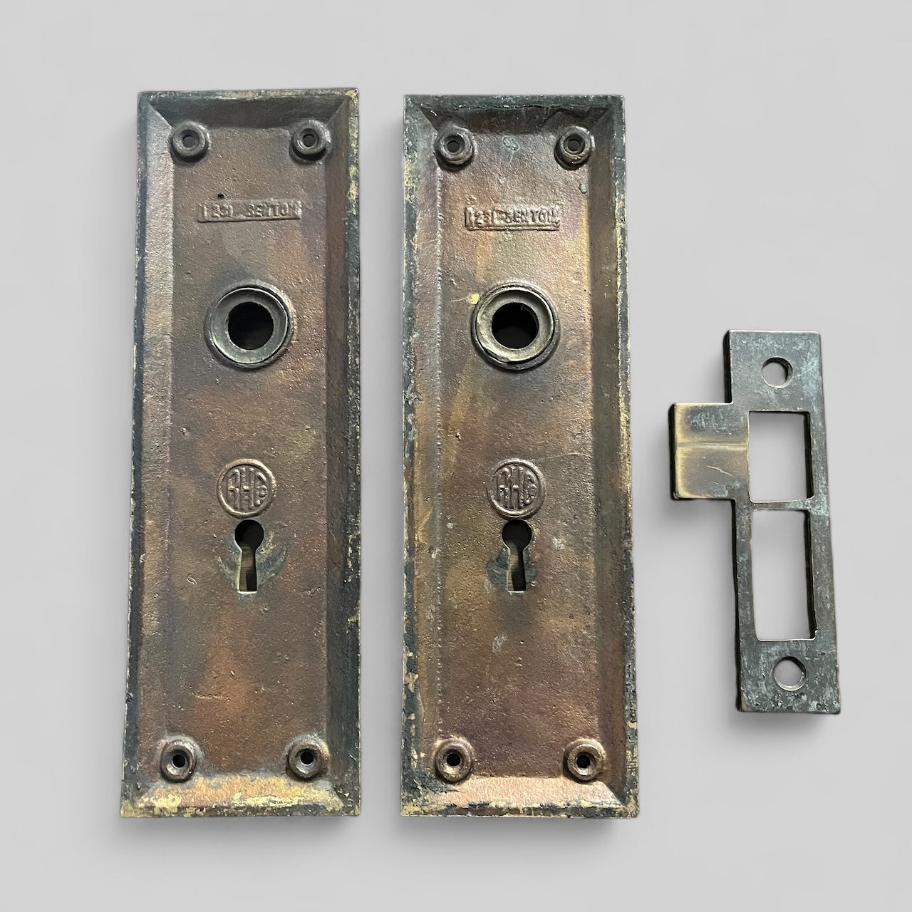 Antique Heavy Cast Brass Doorknob Set with “RHC” Stamped Mortise Lock and Escutcheons, and Functional Skeleton Key