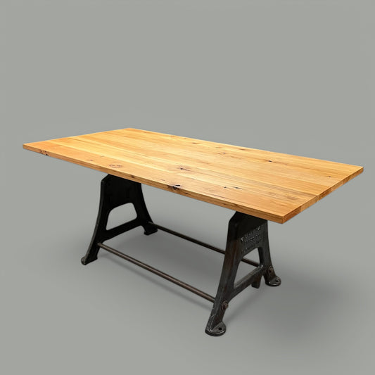 Hand-crafted Reclaimed Maple Wood Table Top On Vintage Industrial Machine Base Legs