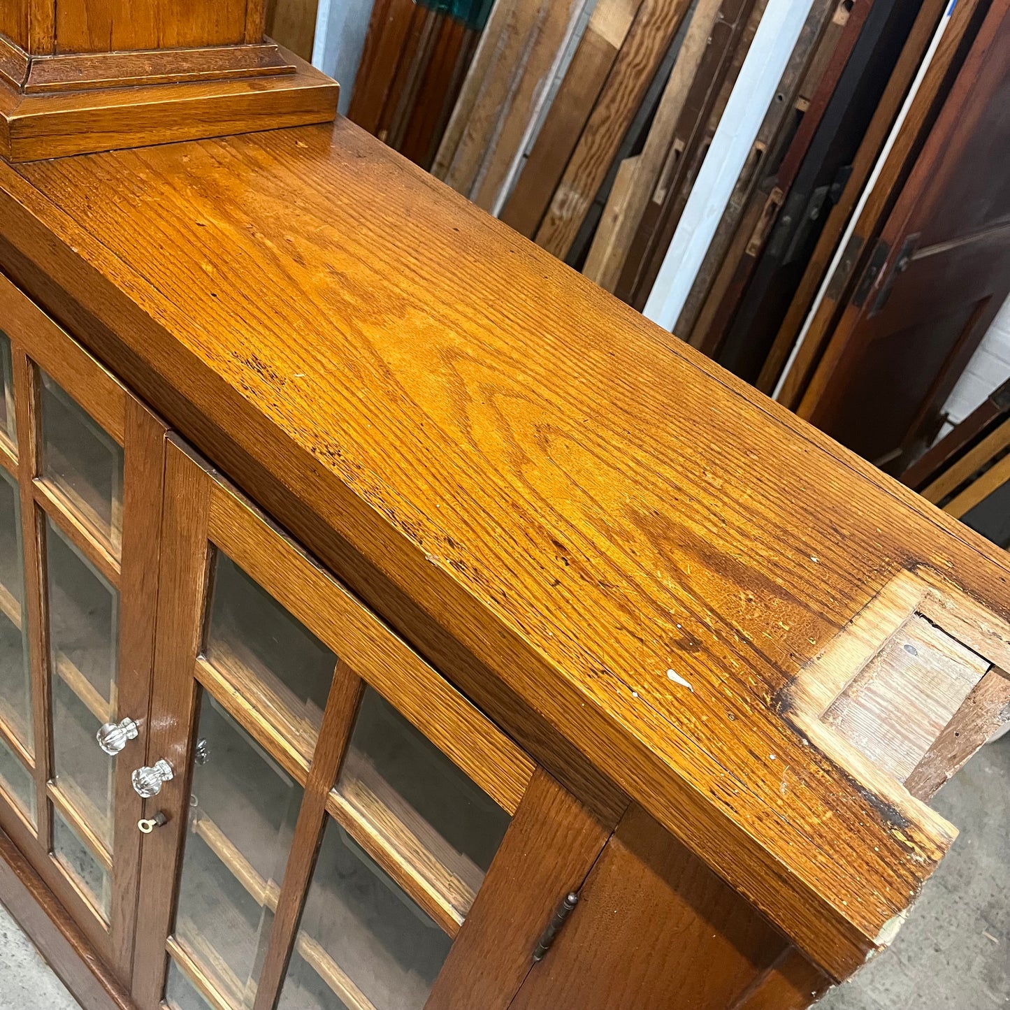 Antique Oak Colonnades with Beveled Glass Cabinets