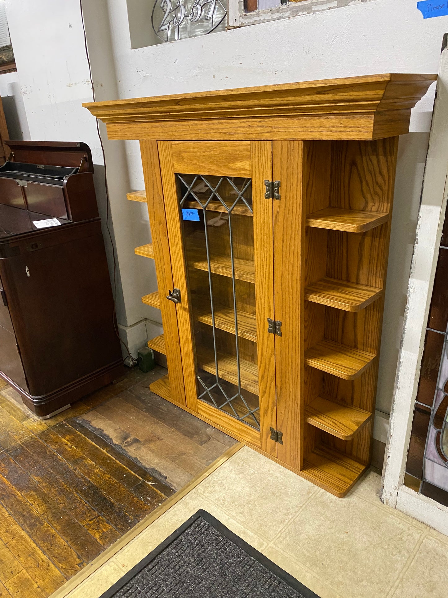 Vintage Oak Wall Mount Shelves w/ Antique Glass