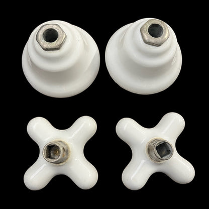 Antique (c. 1920) White Porcelain Hot/Cold Tub/Shower Faucet Knobs With Porcelain Escutcheons