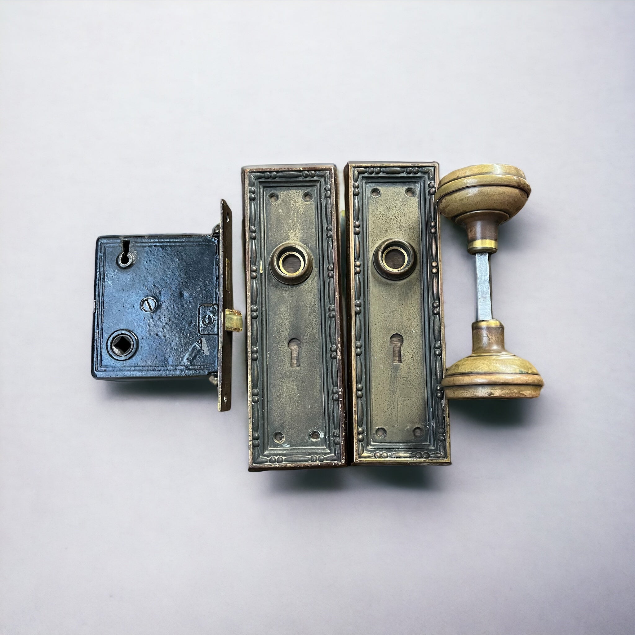 Antique 1920s Russell & Erwin Bronze Door Knob Lock Set