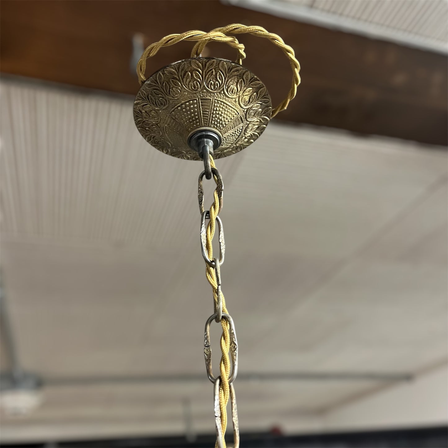 Antique five arm brass crystal chandelier