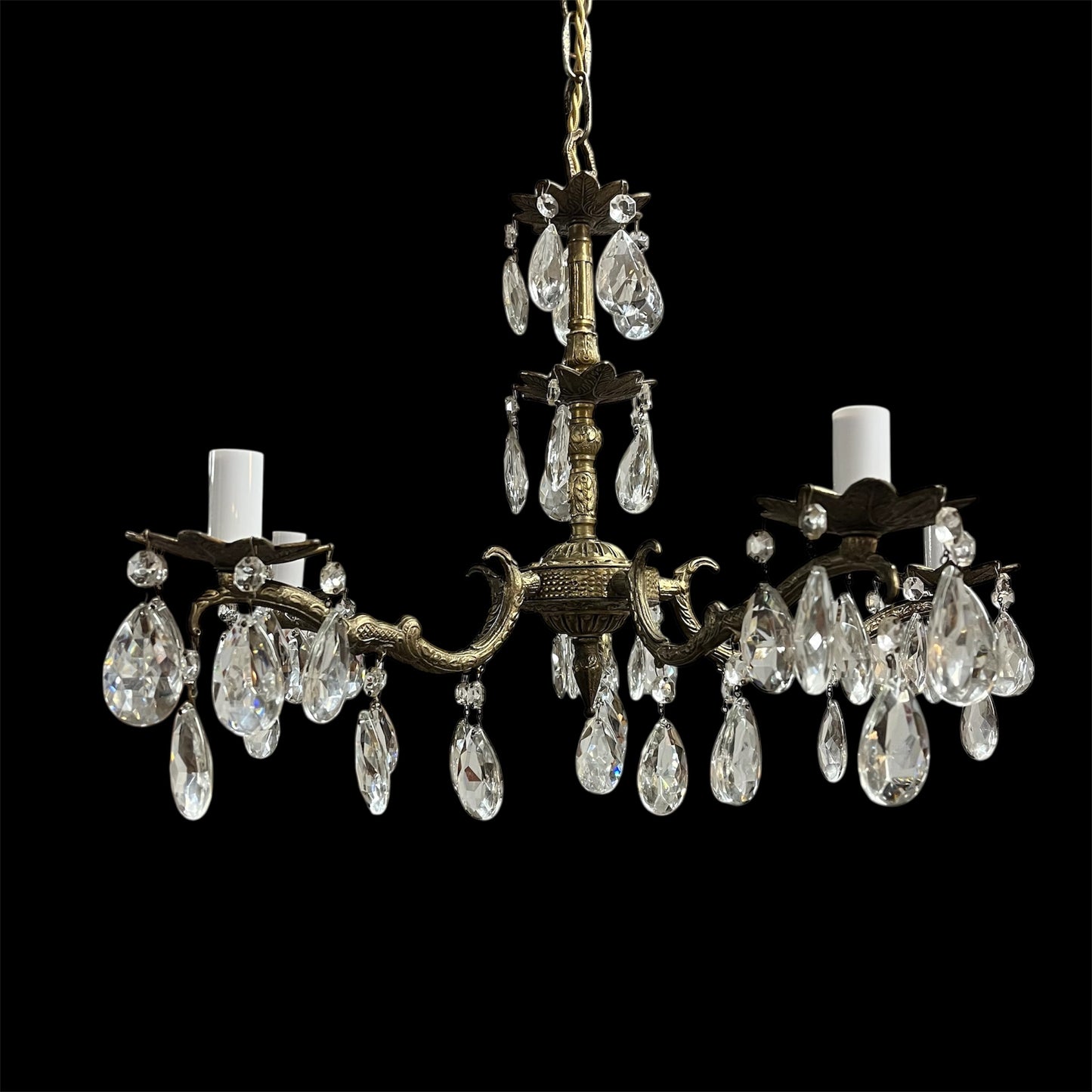 Antique five arm brass crystal chandelier