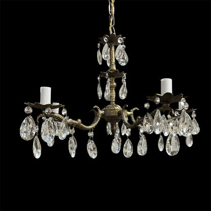 Antique five arm brass crystal chandelier