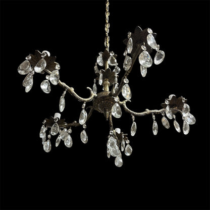 Antique five arm brass crystal chandelier