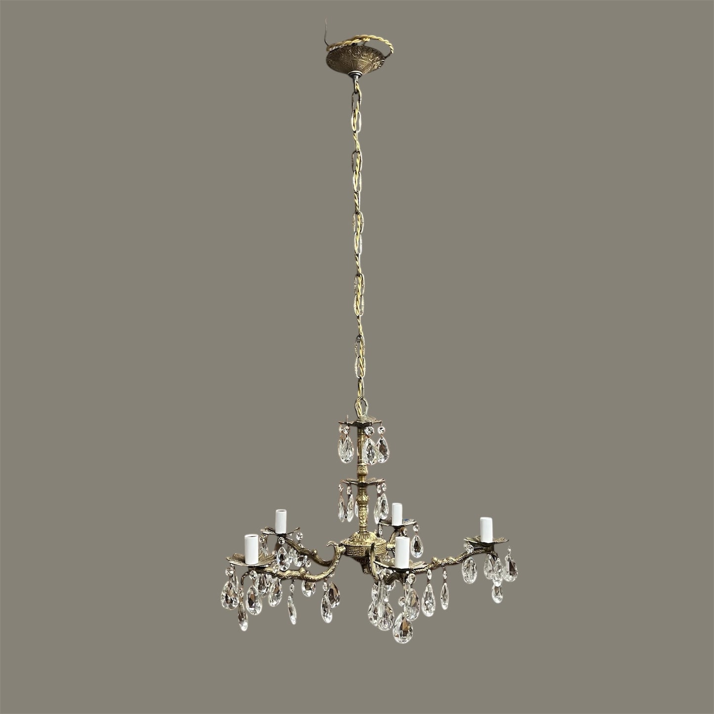 Antique five arm brass crystal chandelier