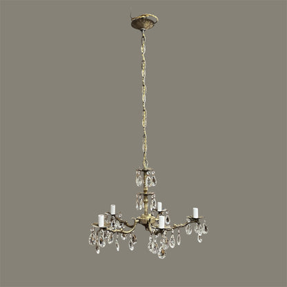 Antique five arm brass crystal chandelier