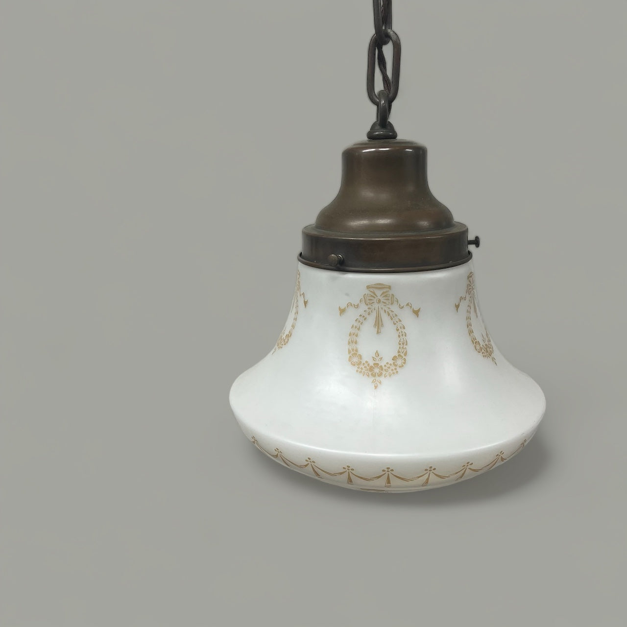 Antique Brass Pendant Light with Ornate Stenciled Glass Globe - Rewired