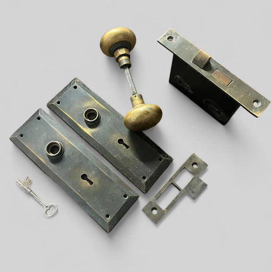 Antique Heavy Cast Brass Doorknob Set with “RHC” Stamped Mortise Lock and Escutcheons, and Functional Skeleton Key