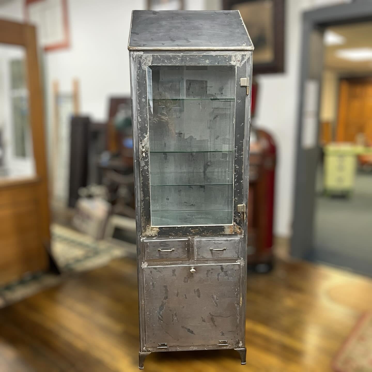 Antique Steel Medical Cabinet With Beveled Glass