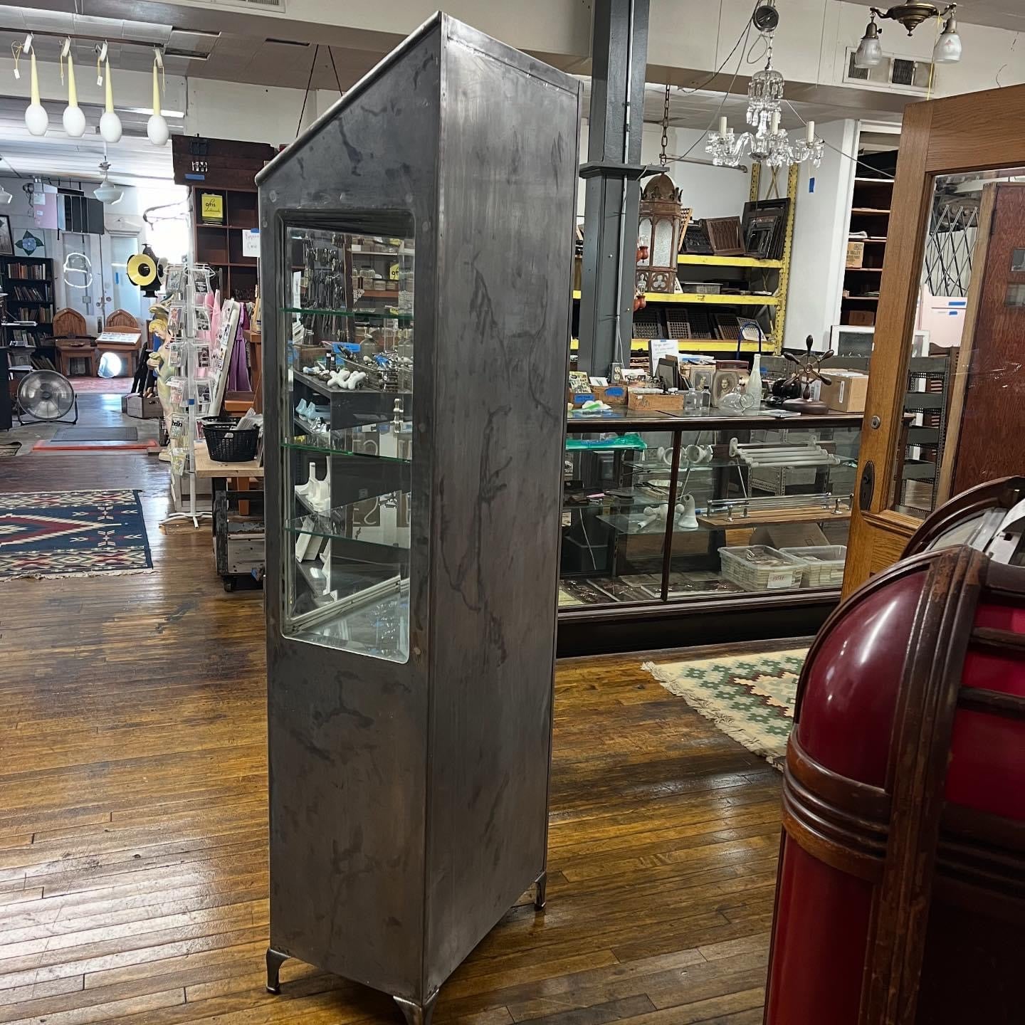 Antique Steel Medical Cabinet With Beveled Glass