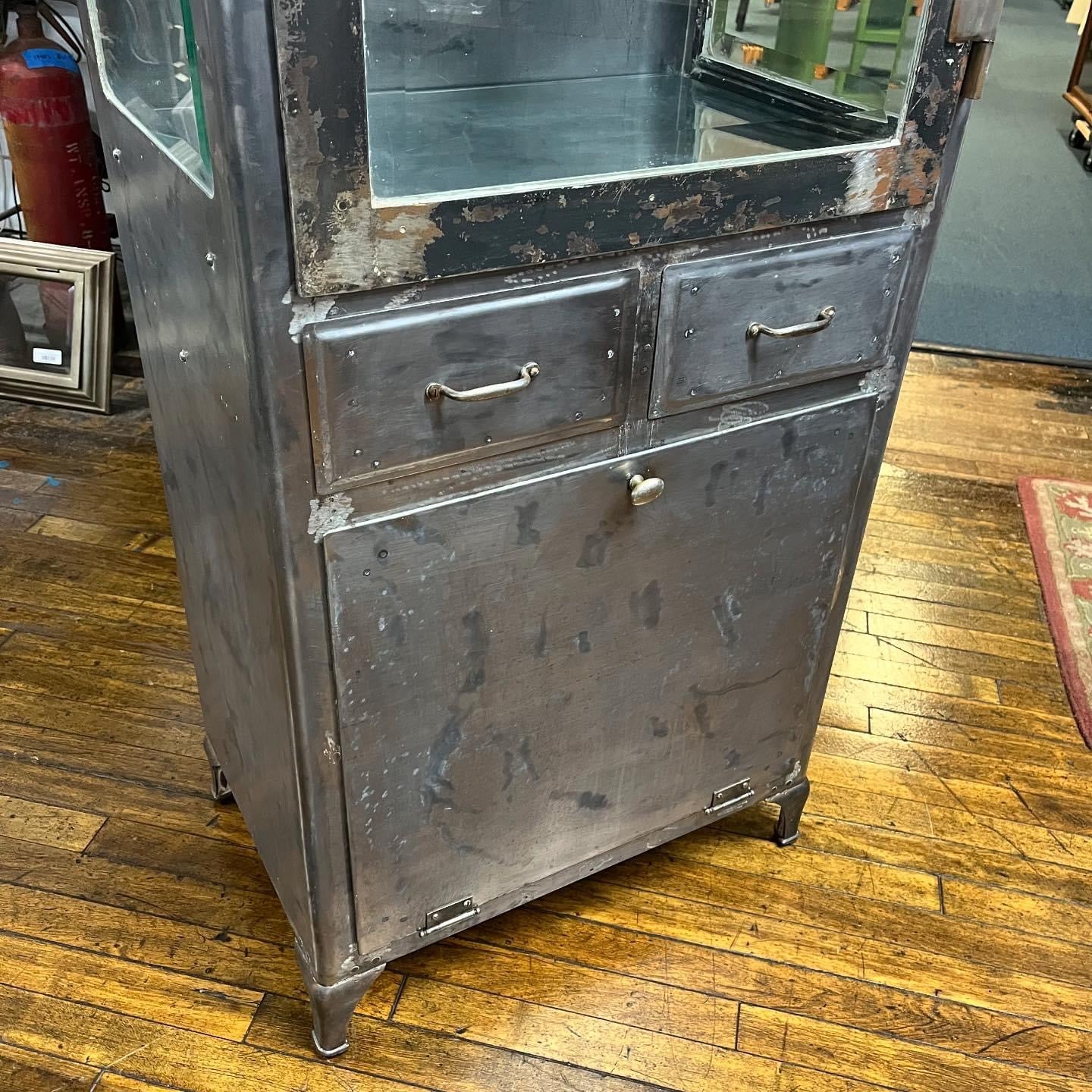 Antique Steel Medical Cabinet With Beveled Glass