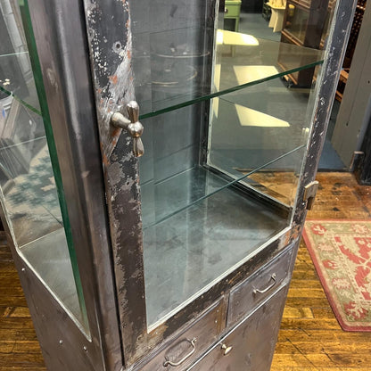 Antique Steel Medical Cabinet With Beveled Glass