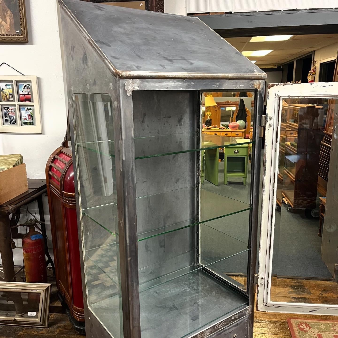 Antique Steel Medical Cabinet With Beveled Glass