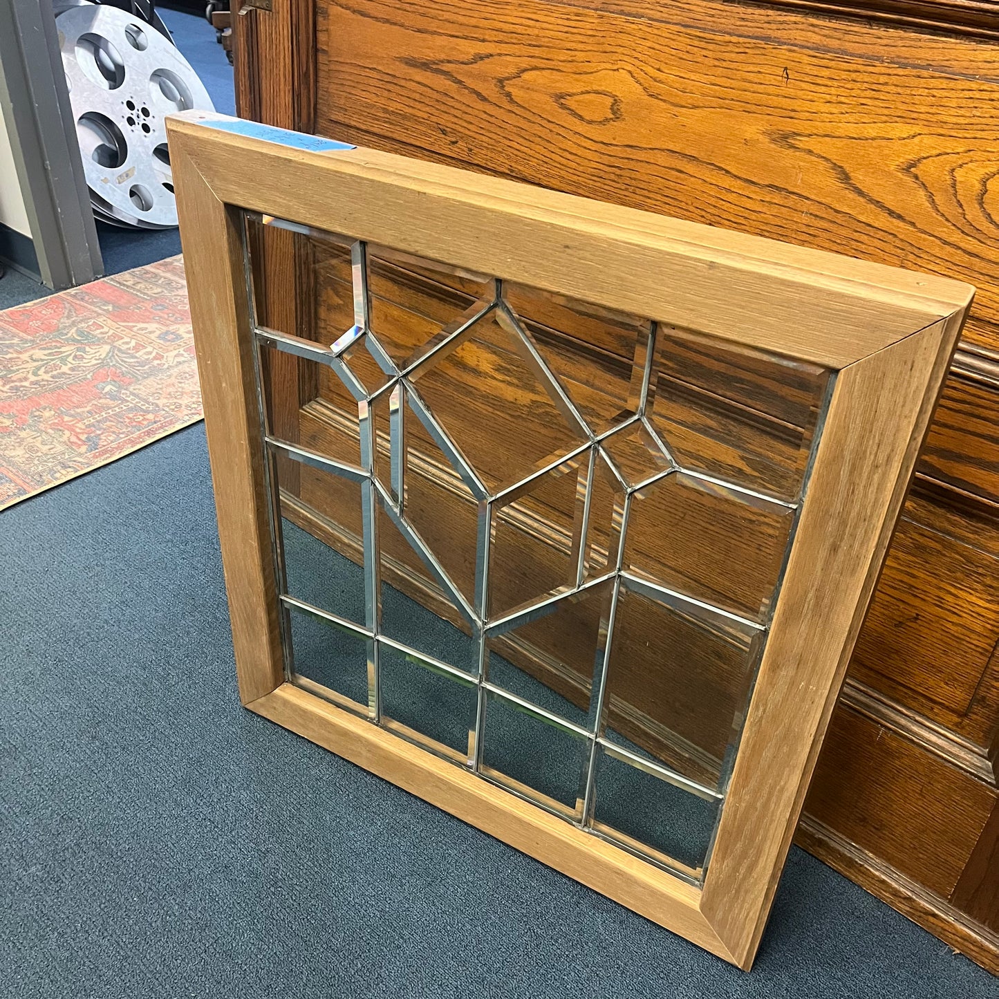 Antique Beveled Glass Leaded Window With Reclaimed Oak Frame